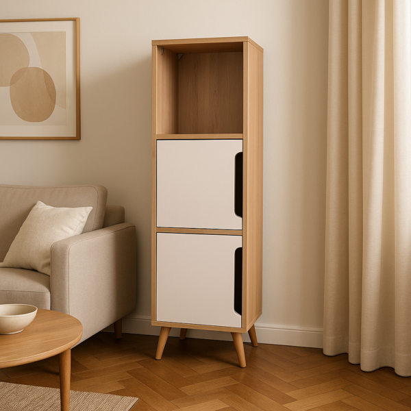 Meuble colonne compacte avec 2 compartiments fermés et 1 niche ouverte