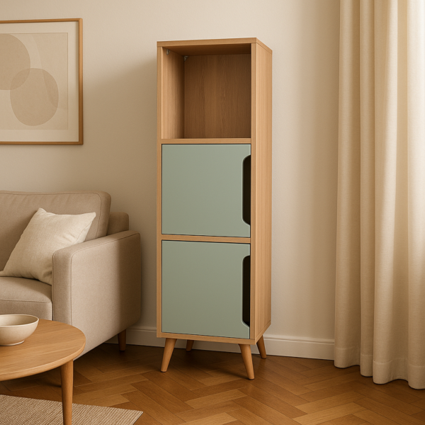 Meuble colonne compacte avec 2 compartiments fermés et 1 niche ouverte